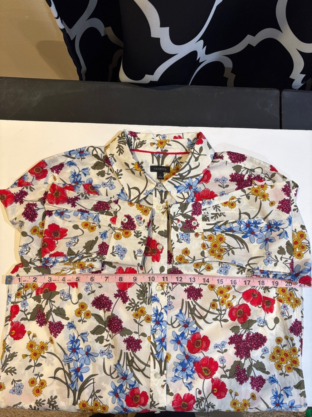 Talbots White Floral Button-Down Blouse Large Boho Cottagecore RedYellow Flowers - Picture 9 of 9